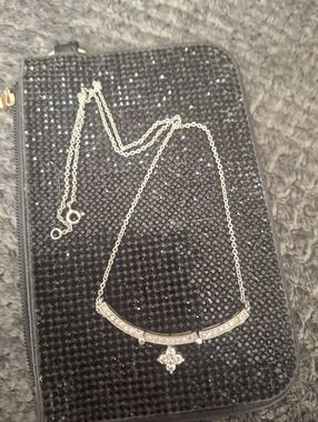 Sterling Silver Crystal Bar Necklace with Clover Pendant - Silver